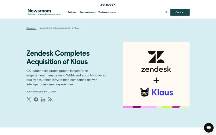Zendesk's newsroom announcement confirming the Klaus acquisition closed February 12, 2024.