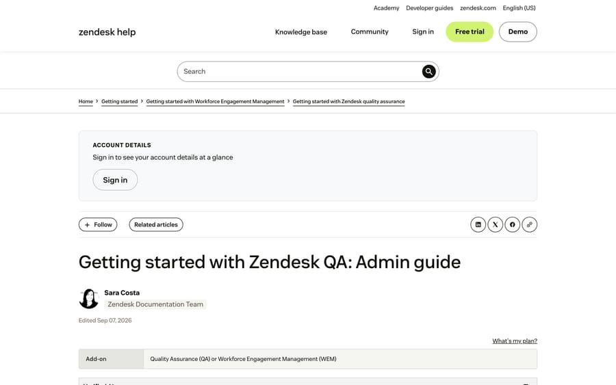 The Zendesk QA admin setup guide, confirming QA is sold as a separate add-on rather than bundled into a base plan.