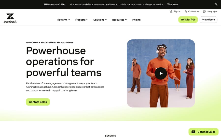 Zendesk's Workforce Engagement Management page, the product line QA now belongs to alongside Zendesk WFM.