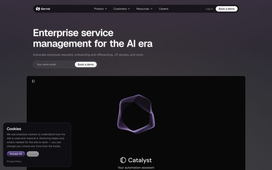 Serval homepage reading Enterprise service management for the AI era, with its Catalyst automation assistant shown below.