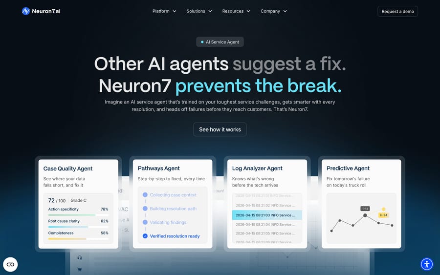 Neuron7's homepage: "Other AI agents suggest a fix. Neuron7 prevents the break," with four agent-type cards below it.