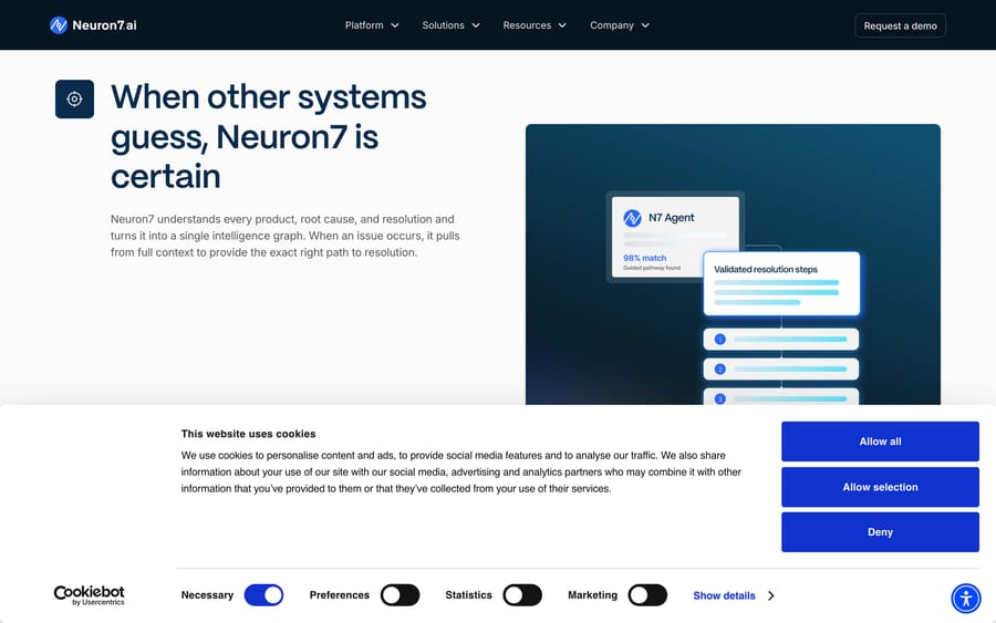 Neuron7's Pathways Agent showing a 98% match confidence score and a validated, step-by-step resolution path.