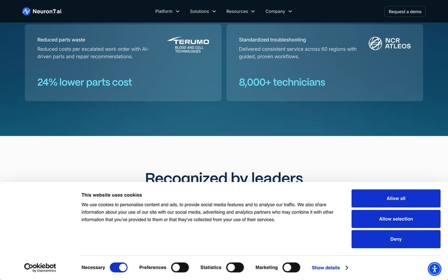 Neuron7 results attributed by customer: 24% lower parts cost (Terumo BCT) and 8,000+ technicians standardized (NCR Atleos).