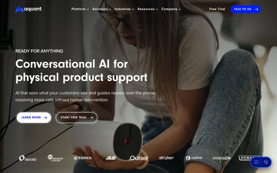 Aquant's homepage: "Conversational AI for physical product support," showing a customer troubleshooting a device by phone.