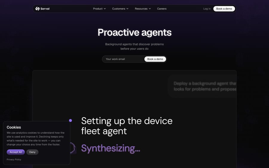 Serval's Proactive Agents page showing a background agent setting up a device fleet and synthesizing a proposed fix.