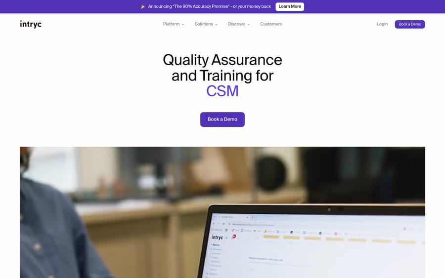 Intryc's homepage, pitching quality assurance and training for customer success management.