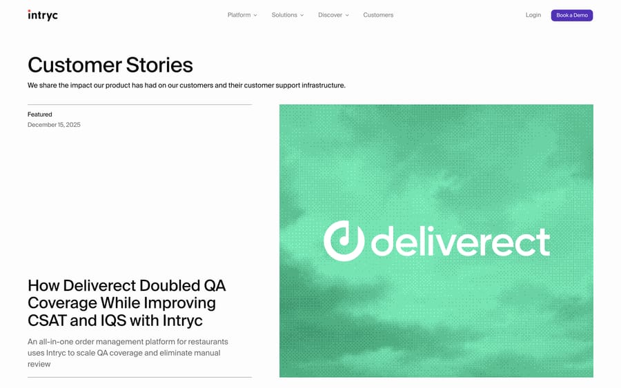 Intryc's customer stories page, featuring Deliverect doubling QA coverage while improving CSAT.