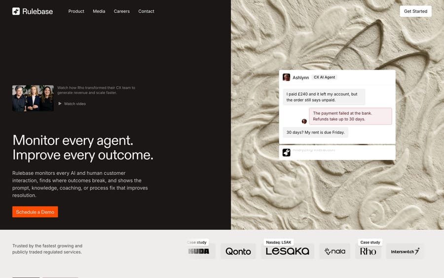 Rulebase's homepage: "Monitor every agent. Improve every outcome," with a live chat interaction being analyzed.