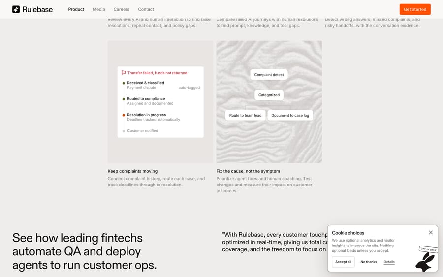 Rulebase's complaint workflow: a payment dispute routed to compliance with a deadline tracked automatically.