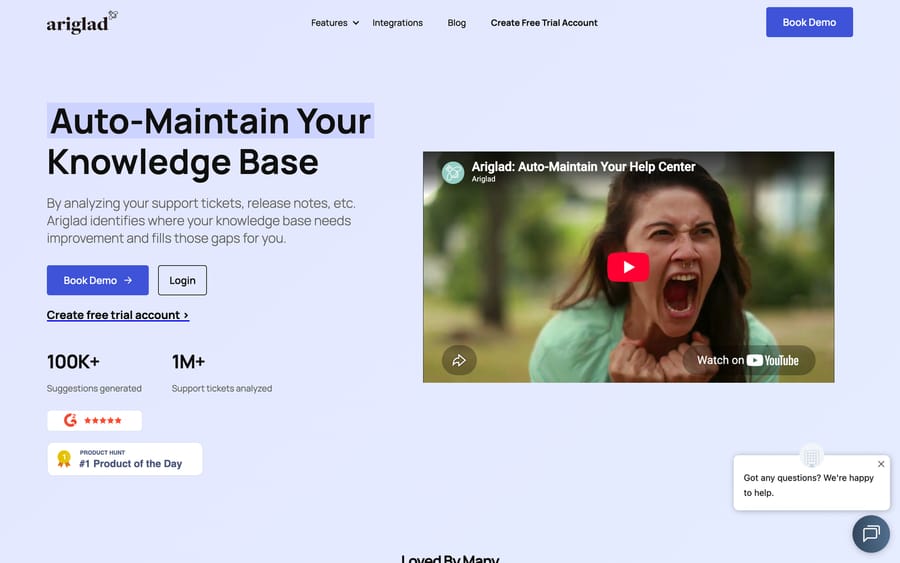 Ariglad homepage reading Auto-Maintain Your Knowledge Base, showing 100K+ suggestions generated and a 5-star G2 badge.