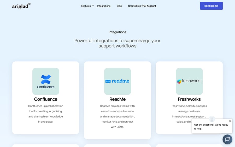 Ariglad's integrations page showing Confluence, ReadMe and Freshworks as connected knowledge and support platforms.