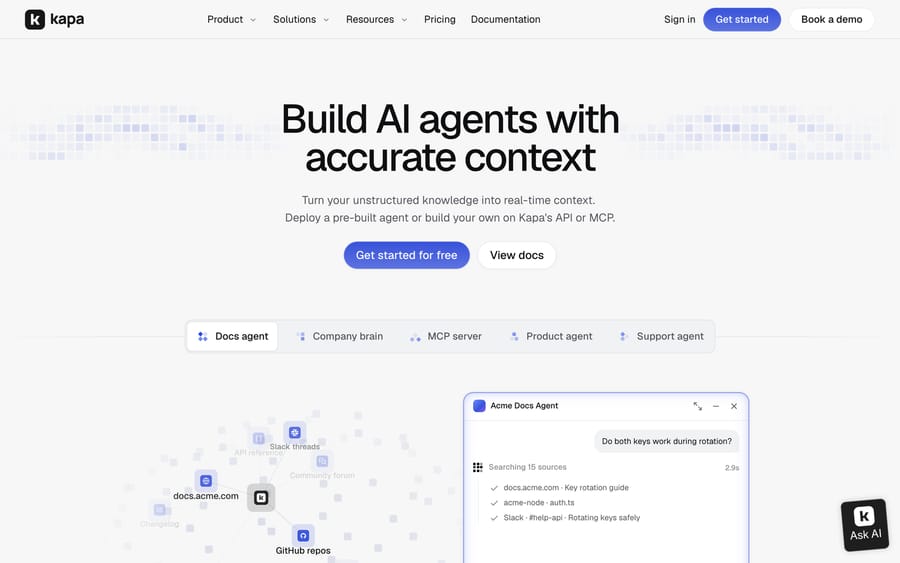 Kapa homepage showing its docs agent answering a technical question with cited sources.