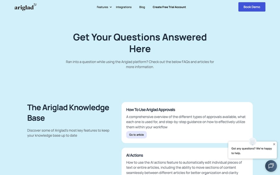 Ariglad's own help center, ironically a knowledge base it maintains about itself, with articles on Approvals and AI Actions.