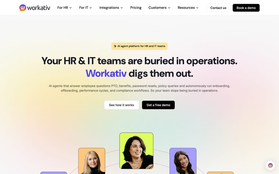 Workativ's homepage, pitching AI agents for employee questions, onboarding, and compliance workflows.