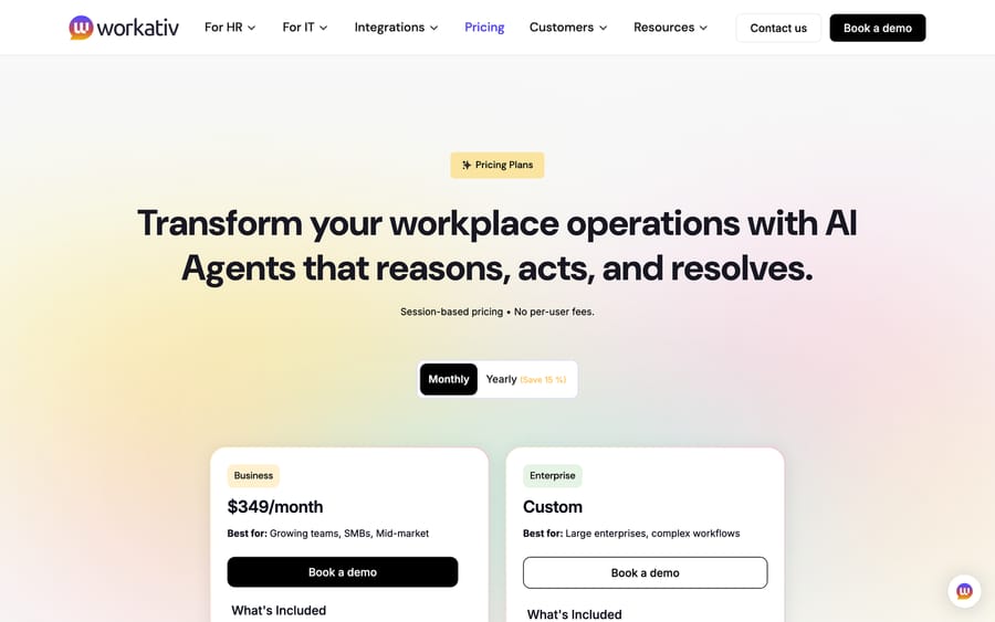 Workativ's pricing page, showing the Business plan at $349/month and Enterprise at custom pricing.