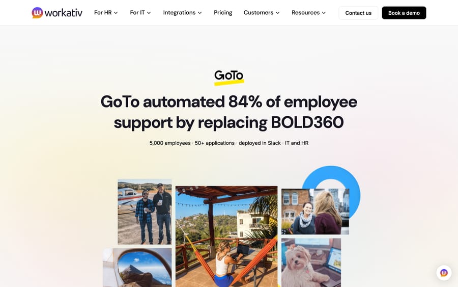 Workativ's GoTo case study, reporting 84% of employee support automated across 5,000 employees and 50+ applications.