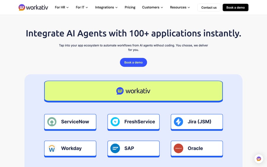 Workativ's integrations page, showing 100+ connected apps including ServiceNow, FreshService, Jira, Workday, SAP, and Oracle.