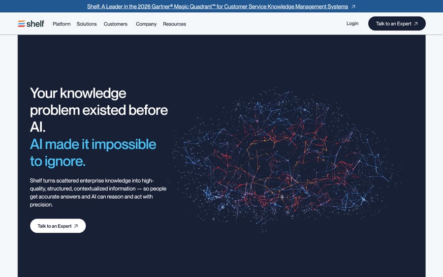 Shelf's homepage banner: "A Leader in the 2026 Gartner Magic Quadrant for Customer Service Knowledge Management Systems."