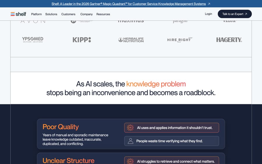 Shelf's customer logo grid showing Ypsomed, KIPP, Herbalife Nutrition, HireRight and Hagerty among its named accounts.
