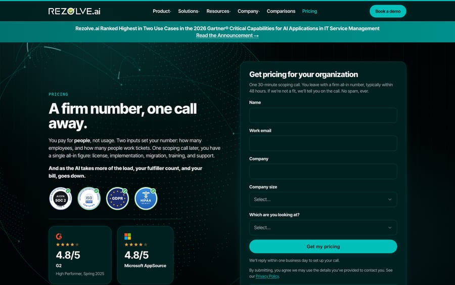 Rezolve.ai's pricing page reading A firm number, one call away, showing 4.8/5 badges from G2 and Microsoft AppSource.