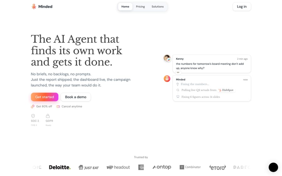 Minded's homepage, showing customer logos for Deloitte, Just Eat, Amex, and eToro.