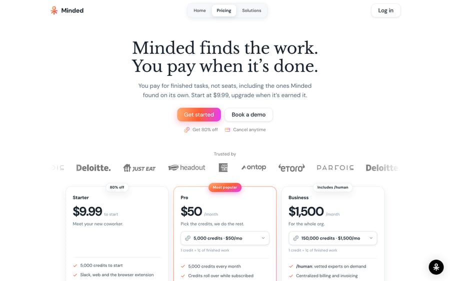 Minded's pricing page, showing Starter at $9.99, Pro at $50/month, and Business at $1,500/month.