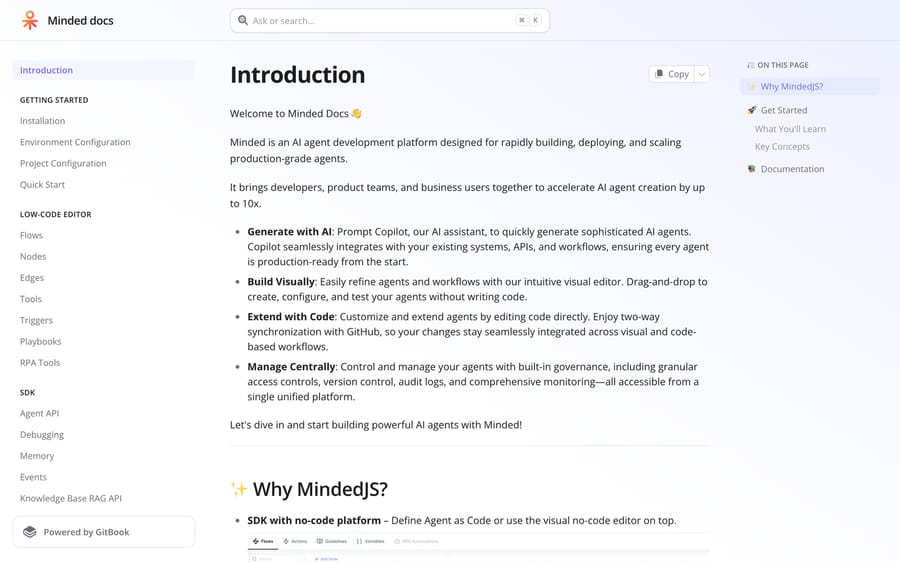 Minded's documentation site, describing MindedJS as an SDK for building, deploying, and scaling AI agents up to 10x faster.