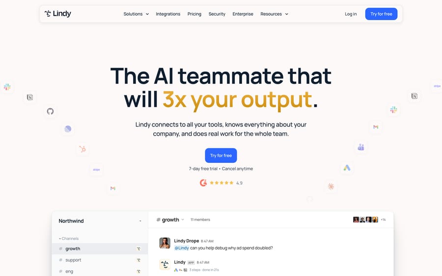 Lindy's homepage, pitching an "AI teammate" with a 4.9 G2 rating and a 7-day free trial.