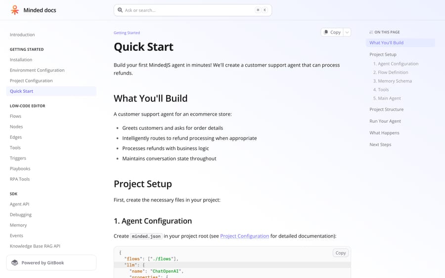 Minded's Quick Start documentation, walking through building a customer support agent that processes refunds.