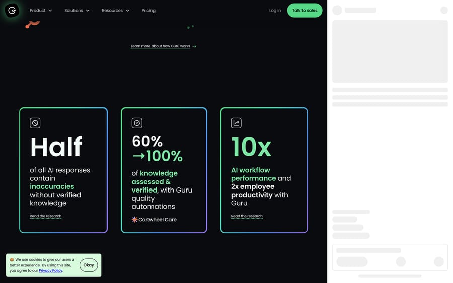 Guru's stats: half of AI responses are inaccurate without verified knowledge; Cartwheel Care hit 100% verification.