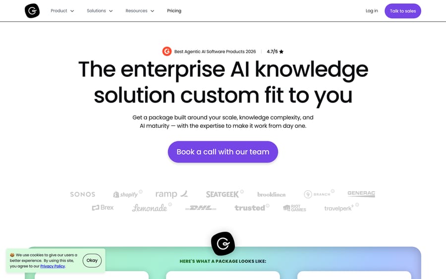 Guru's pricing page: "The enterprise AI knowledge solution custom fit to you," with a 4.7/5 G2 badge.