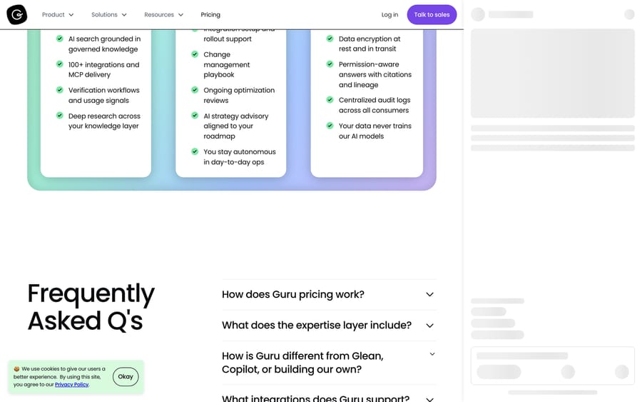 Guru's pricing packages: AI search, 100+ integrations, verification workflows and an AI strategy advisory.
