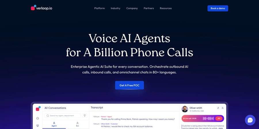 Verloop.io homepage: "Voice AI Agents for A Billion Phone Calls," with a live call transcript and waveform panel.