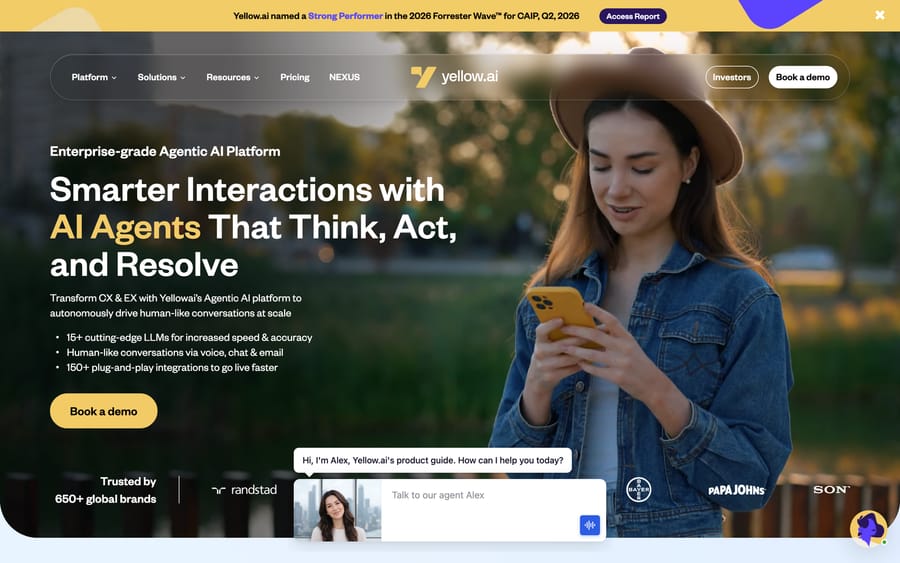 Yellow.ai homepage: "Smarter Interactions with AI Agents That Think, Act, and Resolve," with a live chat widget.