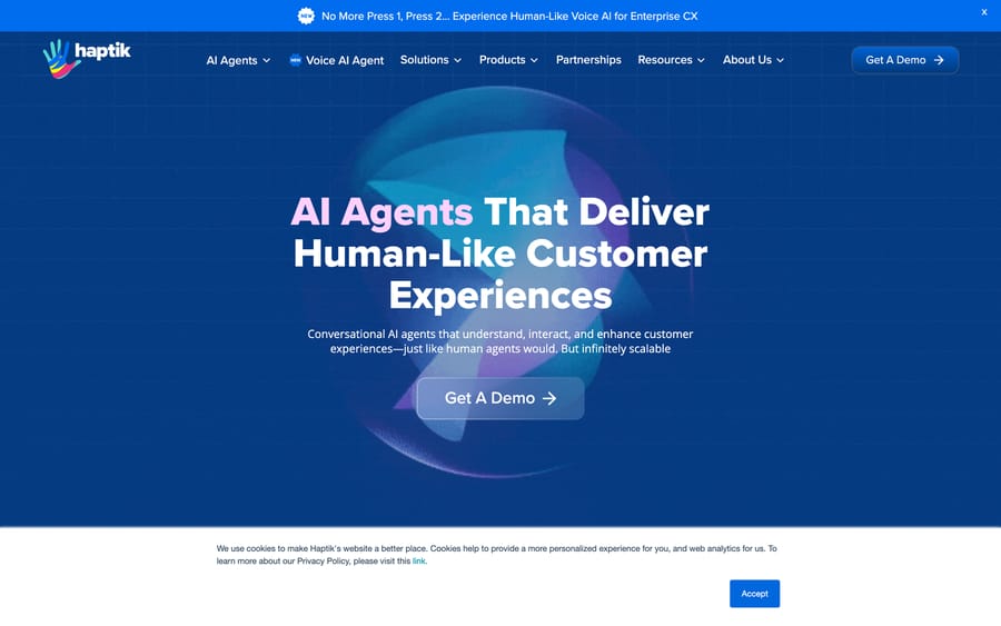 Haptik homepage: "AI Agents That Deliver Human-Like Customer Experiences," dark blue hero.