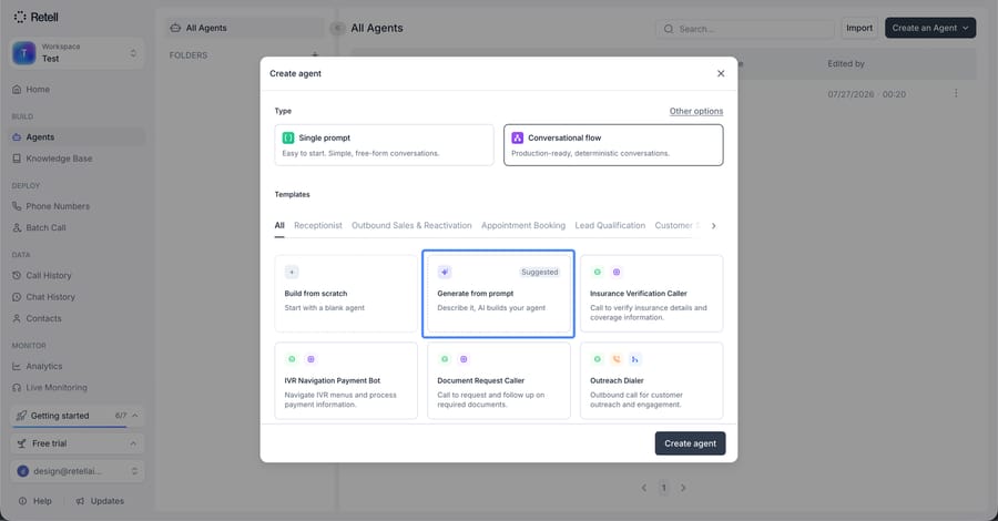 Retell's create-agent dialog offering a Single prompt agent or a deterministic Conversational flow