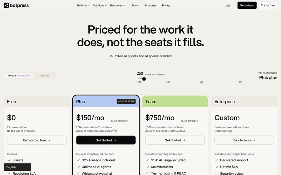 Botpress pricing: Free, Plus at $150/mo and Team at $750/mo billed annually, Enterprise custom