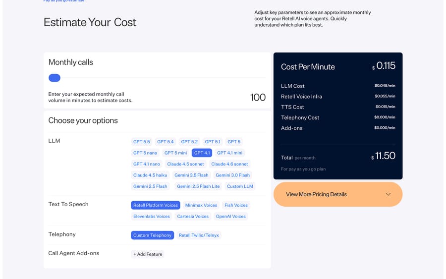 Retell cost calculator showing $0.115 a minute: LLM $0.045, voice infra $0.055, TTS $0.015