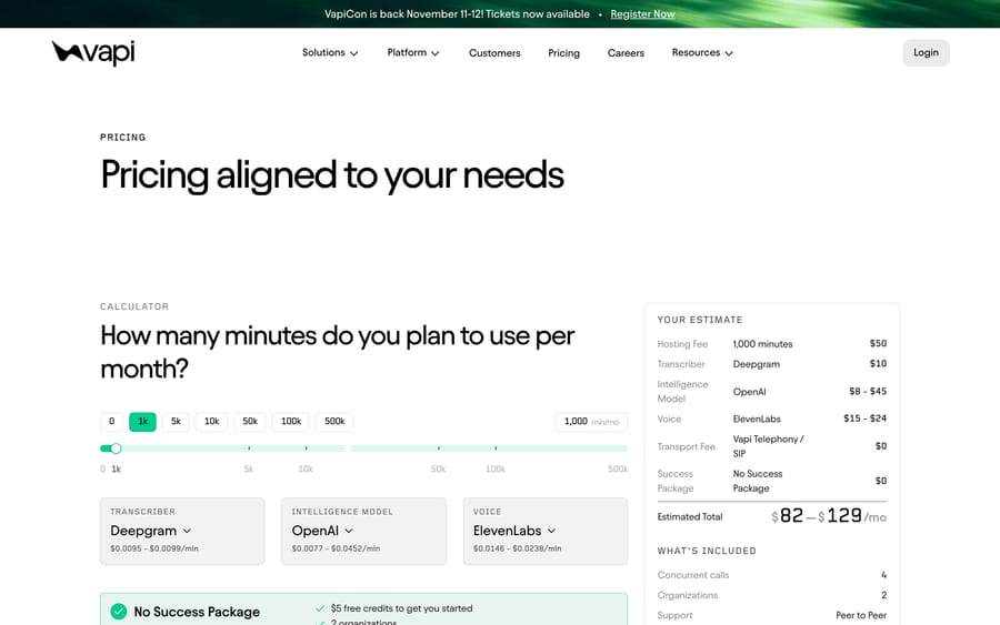 Vapi pricing calculator estimating $82 to $129 a month for 1,000 minutes before any plan fee