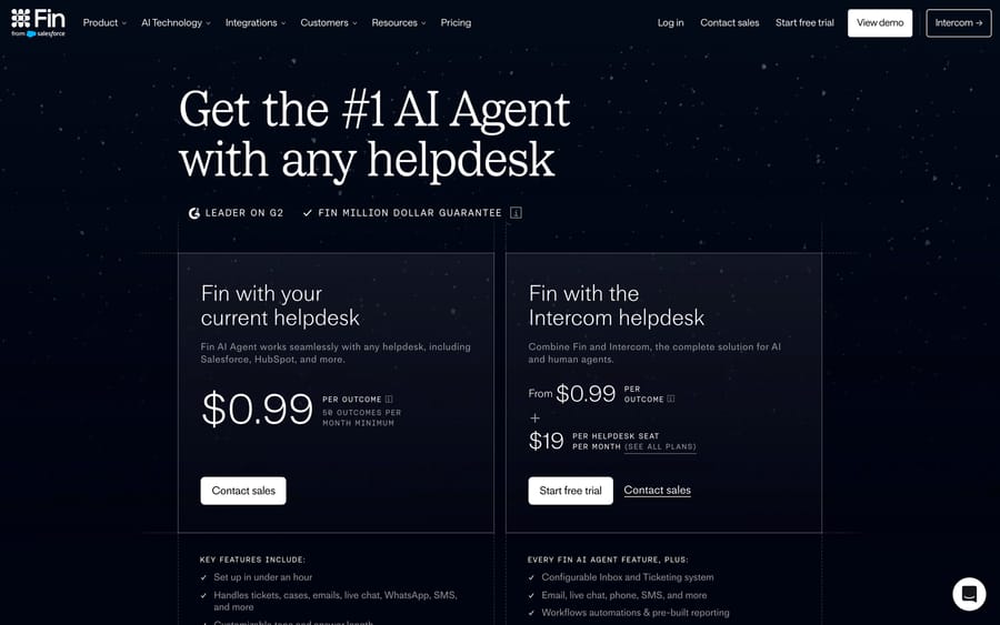 Fin pricing page: $0.99 per outcome with your current help desk, 50 outcomes a month minimum