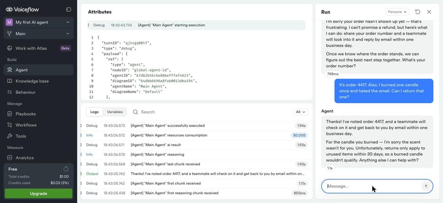 Voiceflow test run: the agent says it noted order 4417, and the log bills that reply at $0.005
