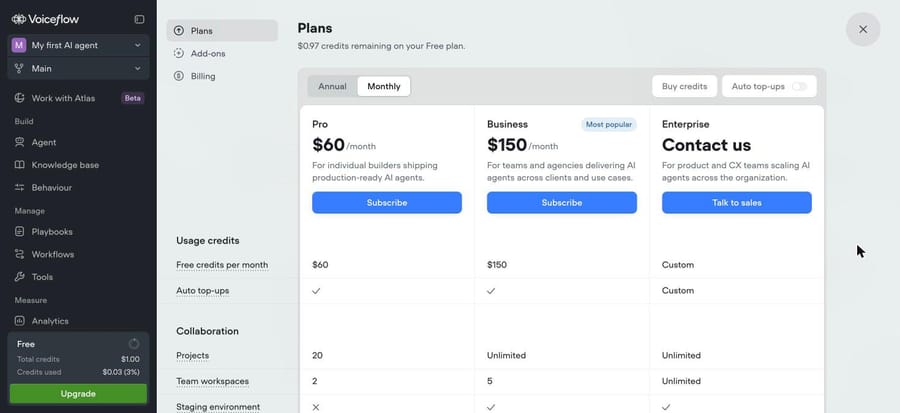 Voiceflow's in-app plans: Pro $60 and Business $150 a month, each with that much usage credit