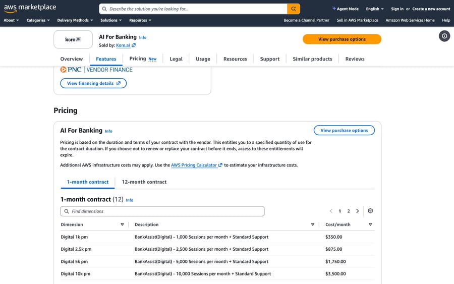 Kore.ai's AWS Marketplace listing: BankAssist from $350 for 1,000 sessions a month