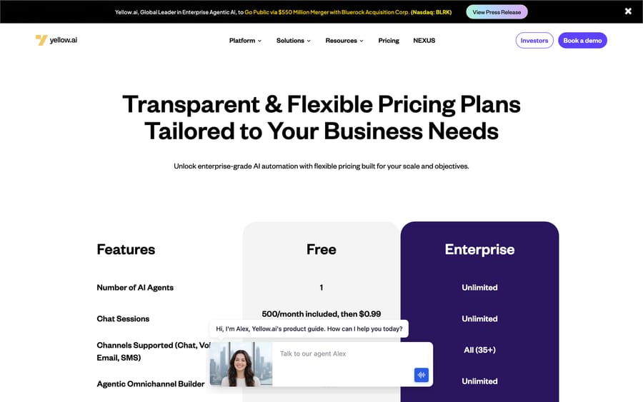 Yellow.ai pricing: Free plan with one agent and 500 chat sessions a month, then $0.99