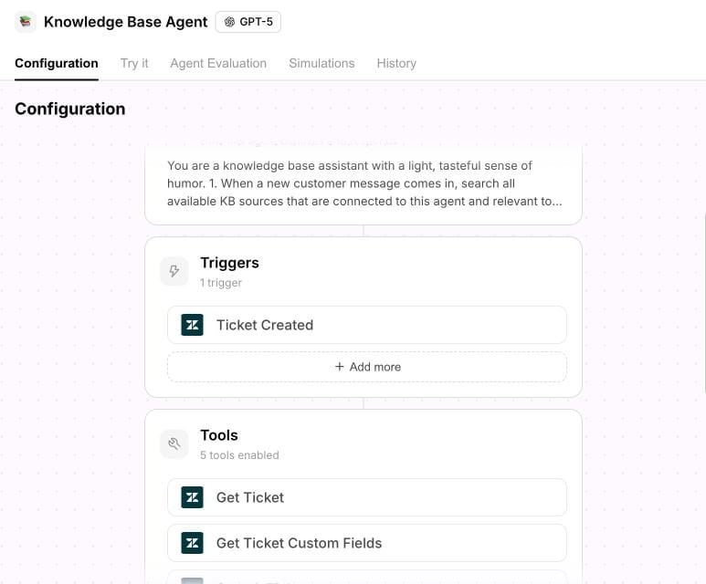 A Macha agent in our demo account: Zendesk Ticket Created trigger and Zendesk ticket tools