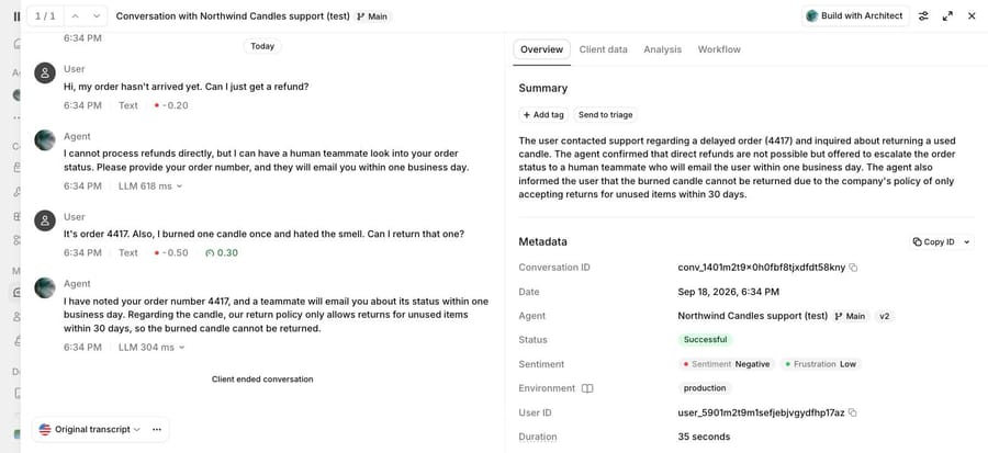ElevenLabs transcript: the agent says it noted order 4417, and the summary records an escalation offer