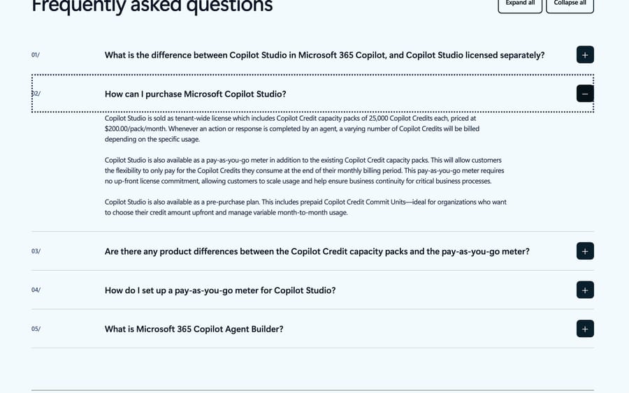 Copilot Studio FAQ: sold in packs of 25,000 Copilot Credits at $200 a pack a month