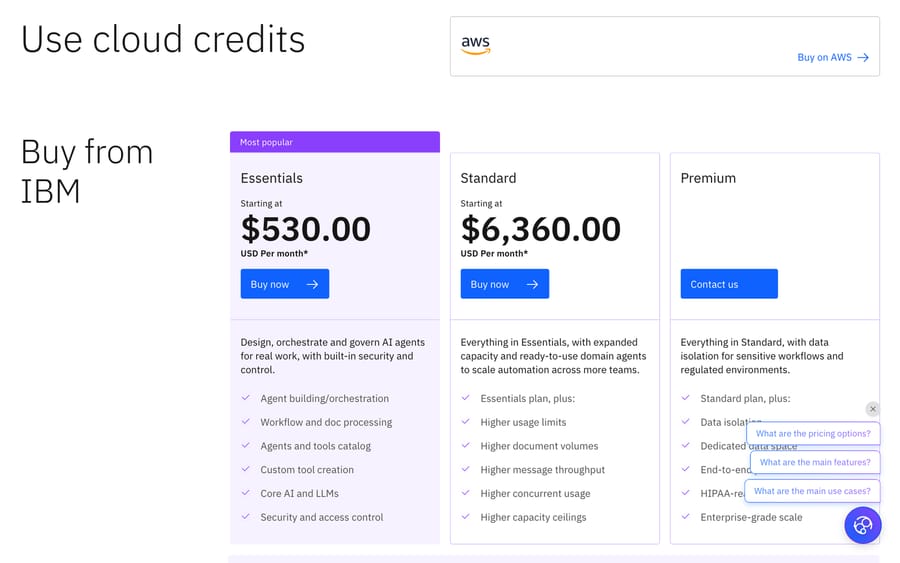 IBM watsonx Orchestrate pricing: Essentials from $530 and Standard from $6,360 a month, in USD