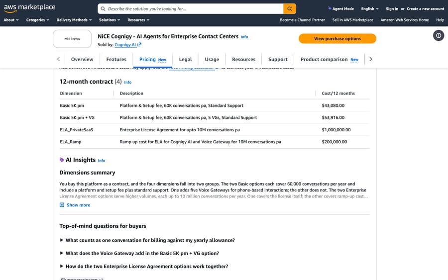 NiCE Cognigy on AWS Marketplace: Basic 5K tier at $43,080 for 12 months, 60,000 conversations