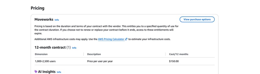 Moveworks on AWS Marketplace: 12-month contract for 1,000 to 2,500 users at $150 per user per year